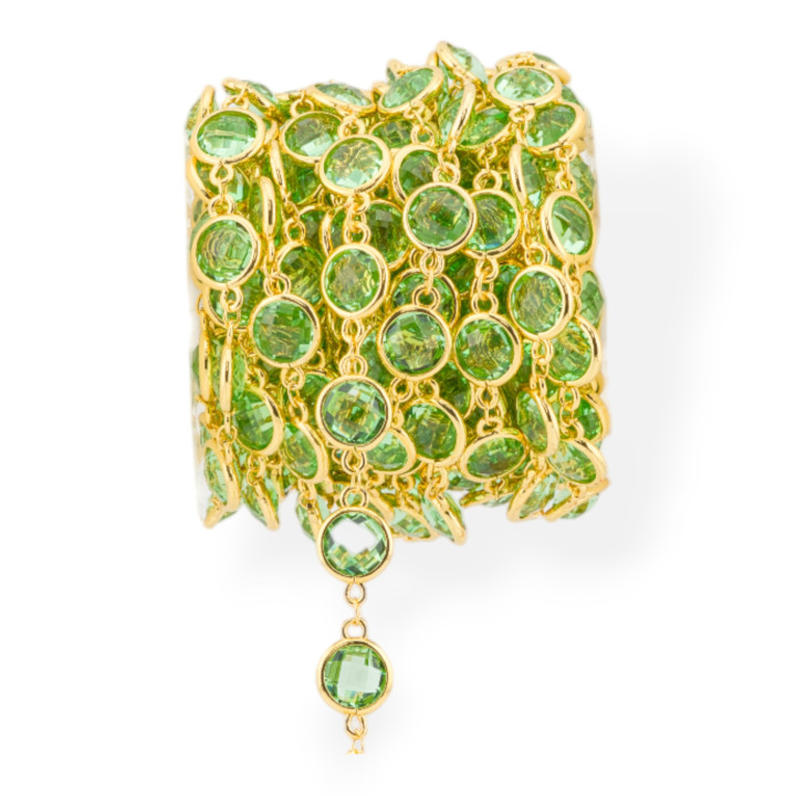 Chaîne chapelet en laiton avec cabochon rond oeil de chat 10 mm 1 mètre doré vert clair