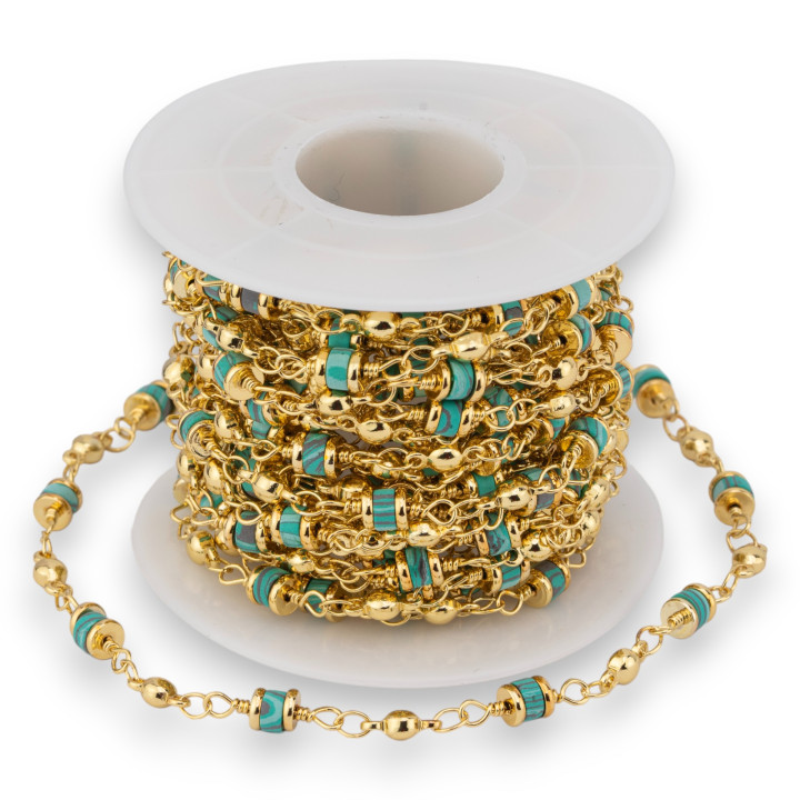 Brass Rosary Chain With 5mm Rondelle Hard Stones 1 Meter Malachite Paste