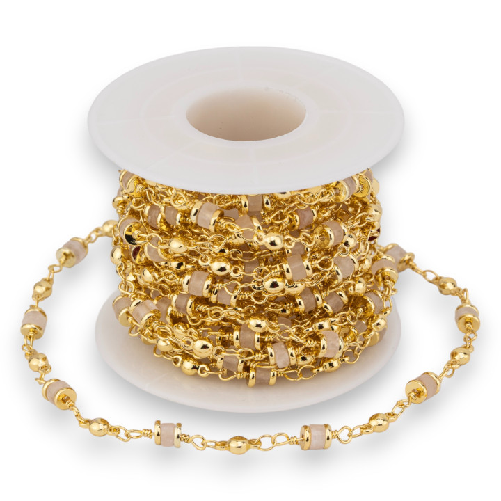 Brass Rosary Chain With 5mm Rondelle Hard Stones 1 Meter Light Rose Quartz