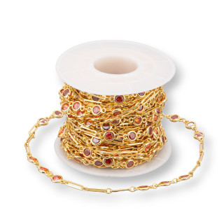 Catena Rosario Di Ottone Con Zircone Tondo 5,5mm e Maglia Rettangolo 1 Metri Dorato Arancio