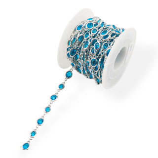 Brass Rosary Chain With Cat's Eye Cabochon Oval 5.5x7.0mm 1 Meter Rhodium Blue