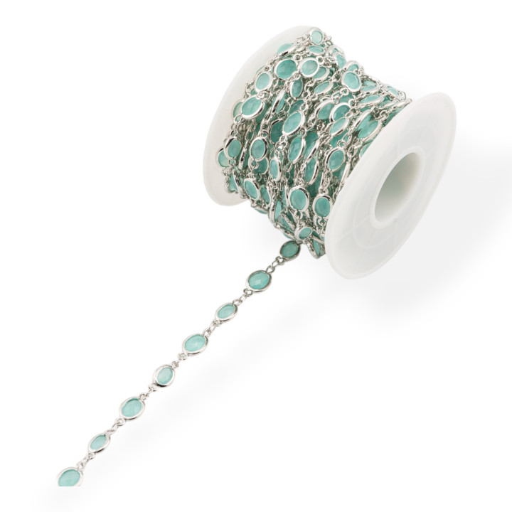 Chaîne Chapelet en Laiton avec Cabochon Ovale Oeil de Chat 5.5x7.0mm 1 Mètre Rhodié Bleu Aqua