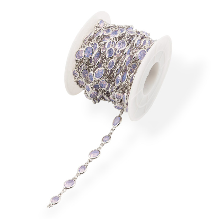 Cadena de rosario de latón con cabujón ovalado de ojo de gato, 5,5 x 7,0 mm, 1 metro, ópalo rosa rodiado