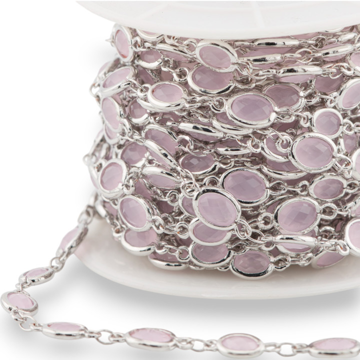 Cadena de rosario de latón con cabujón ovalado de ojo de gato 5,5x7,0 mm, 1 metro chapado en rodio rosa