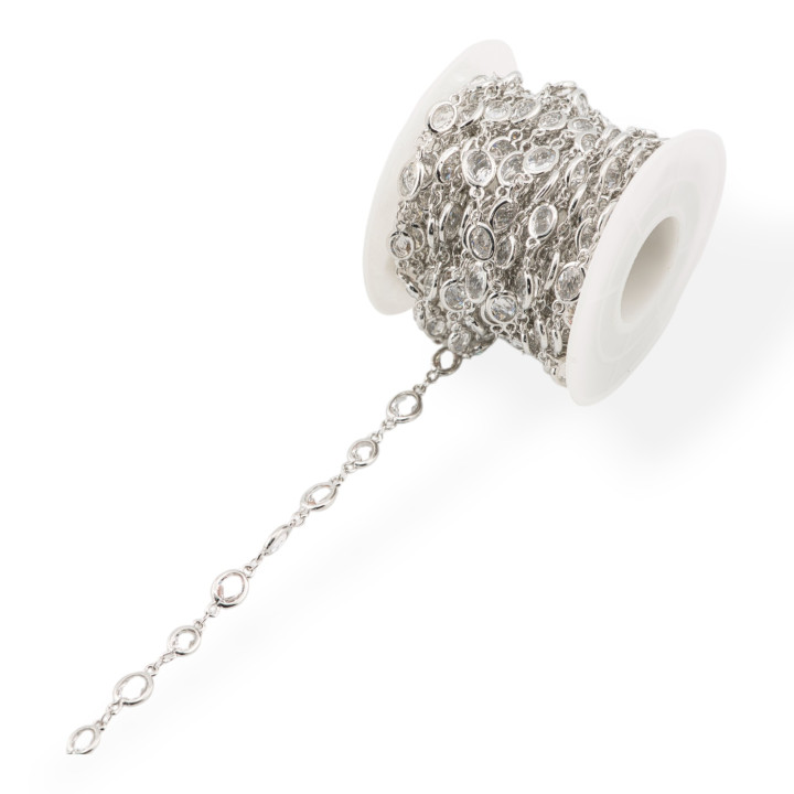 Chaîne Chapelet en Laiton avec Cabochon Ovale Oeil de Chat 5.5x7.0mm 1 Mètre Transparent Rhodié