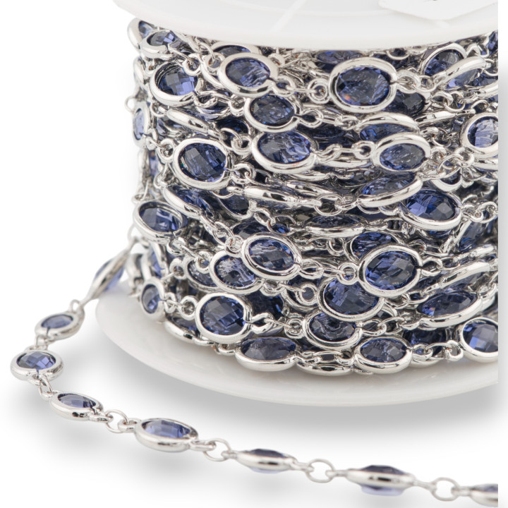 Brass Rosary Chain With Cat's Eye Cabochon Oval 5.5x7.0mm 1 Meter Rhodium Violet