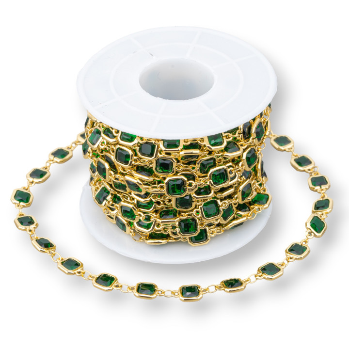 Brass Rosary Chain With Cat's Eye Cabochon Square 7mm 1 Meter Gold Emerald Green