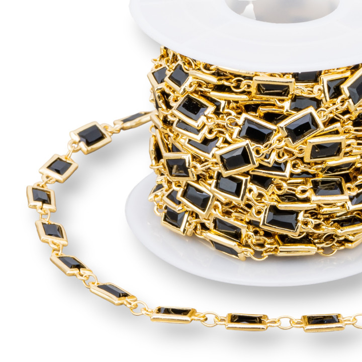 Ορειχάλκινο Ροζάριο Αλυσίδα με Ορθογώνιο Cabochon Γατίσιο 5,5x7,5mm 1 Μέτρο Χρυσό Μαύρο