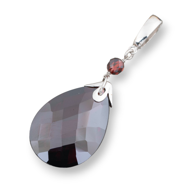 Ciondolo Pendente Di Argento 925 Con Zirconi Rosso E Goccia Rosso 25x70mm