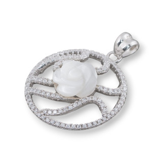 Pendentif Rond en Argent 925 Avec Zircons Et Fleur en Nacre 23x30mm