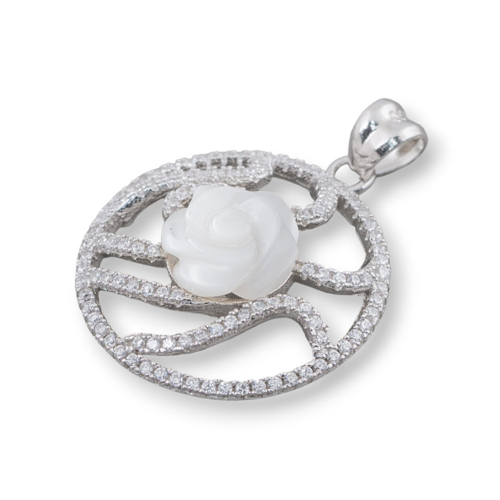 Colgante Redondo De Plata 925 Ondas Con Circonitas Y Flor De Nácar 23x30mm