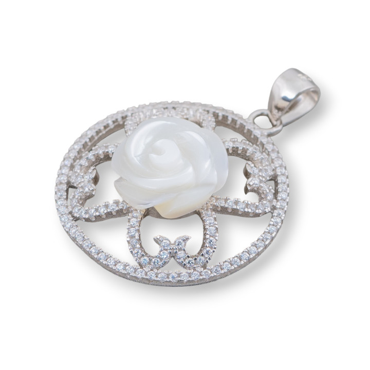 Colgante Redondo De Plata 925 Trabajada Con Circonitas Y Flor De Nácar 25x34mm