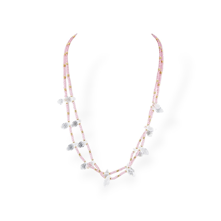 CZ Crystals Jewelry Necklace With Bronze Elements 2pcs Pink