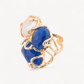 Bronze Ring AURORA Collection 32x36mm With Cat's Eye Adjustable Size With Golden Blue River Pearls