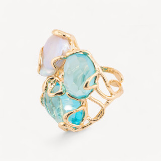 Anillo De Bronce Colección AURORA 32x36mm Con Ojo De Gato Tamaño Ajustable Con Perlas De Río Doradas Cian