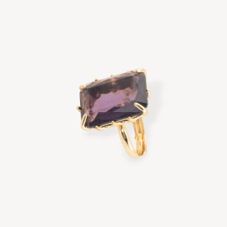 Anello Regolabile in Bronzo Dorato Collezione ELEN con Cristalli CZ Cabochon Rettangolo 15x20mm Viola | Gioiello Artigianale Do