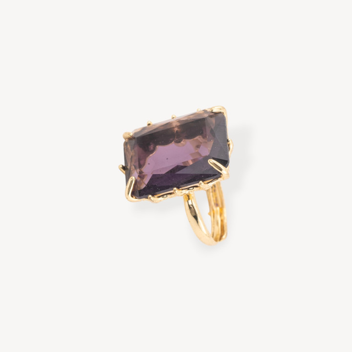 Anello Regolabile in Bronzo Dorato Collezione ELEN con Cristalli CZ Cabochon Rettangolo 15x20mm Viola | Gioiello Artigianale Do