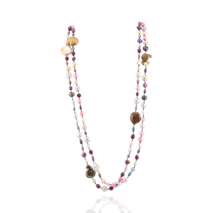 Collana Charlestone Di Perle Di Fiume Mix Color e Forme Con Nodini 160cm
