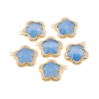 Componente Pendente Di Ottone Con Occhio Di Gatto Incastonati Fiore 5 Petali 14mm 8pz Con 1 Anellino Azzurro cielo
