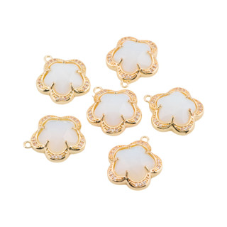 Componente Pendente Di Ottone Con Occhio Di Gatto Incastonati Fiore 5 Petali 14mm 8pz Con 1 Anellino Bianco perla