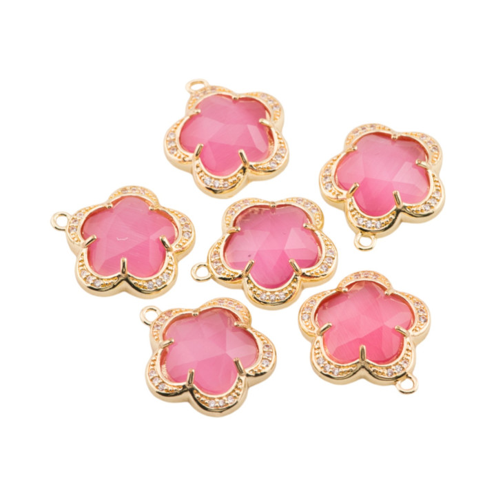 Componente Pendente Di Ottone Con Occhio Di Gatto Incastonati Fiore 5 Petali 16mm 6pz Con 1 Anellino Fucsia