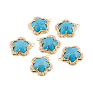Componente Pendente Di Ottone Con Occhio Di Gatto Incastonati Fiore 5 Petali 16mm 6pz Con 1 Anellino Marmo blu
