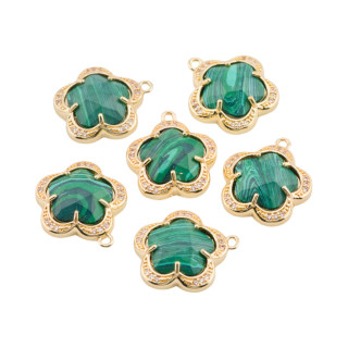 Componente Pendente Di Ottone Con Occhio Di Gatto Incastonati Fiore 5 Petali 14mm 8pz Con 1 Anellino Marmo verde