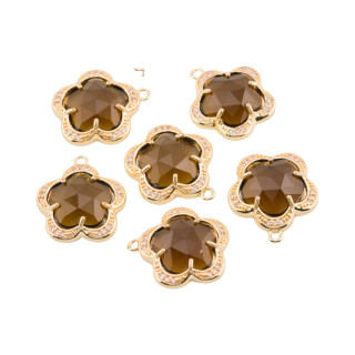 Componente Pendente Di Ottone Con Occhio Di Gatto Incastonati Fiore 5 Petali 14mm 8pz Con 1 Anellino Marrone