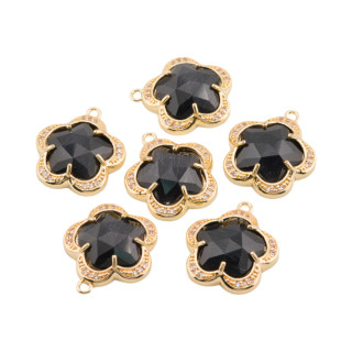 Componente Pendente Di Ottone Con Occhio Di Gatto Incastonati Fiore 5 Petali 14mm 8pz Con 1 Anellino Nero