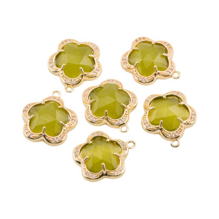 Componente Pendente Di Ottone Con Occhio Di Gatto Incastonati Fiore 5 Petali 14mm 8pz Con 1 Anellino Oliva
