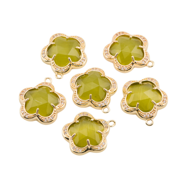 Componente Pendente Di Ottone Con Occhio Di Gatto Incastonati Fiore 5 Petali 14mm 8pz Con 1 Anellino Oliva