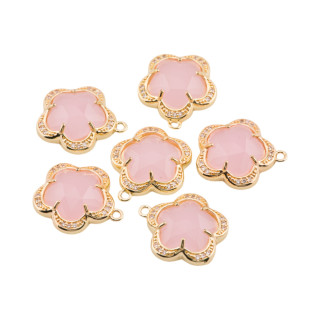 Componente Pendente Di Ottone Con Occhio Di Gatto Incastonati Fiore 5 Petali 16mm 6pz Con 1 Anellino Rosa
