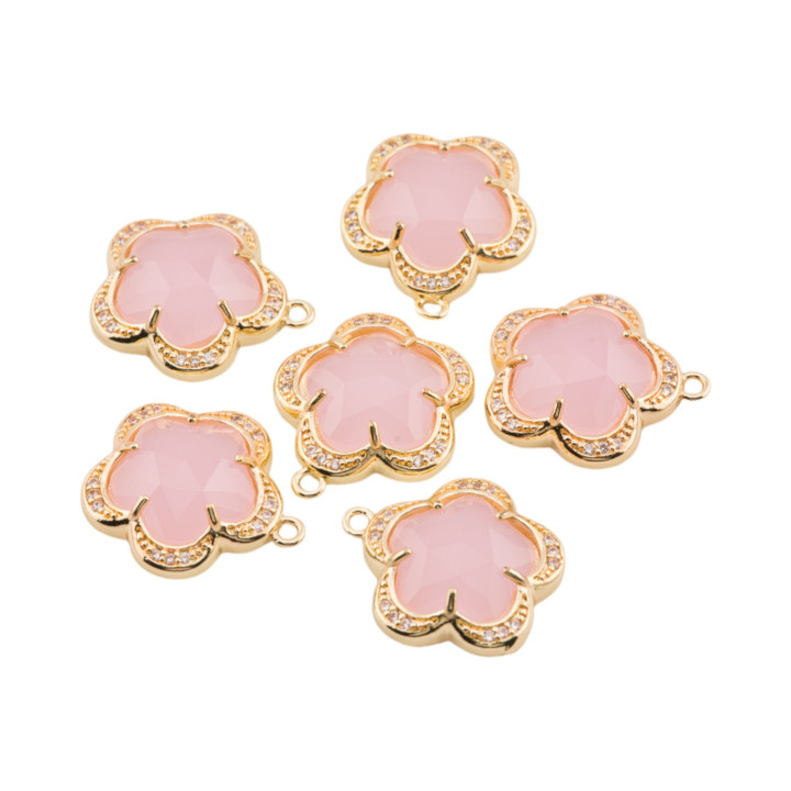 Componente Pendente Di Ottone Con Occhio Di Gatto Incastonati Fiore 5 Petali 14mm 8pz Con 1 Anellino Rosa