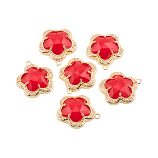 Componente Pendente Di Ottone Con Occhio Di Gatto Incastonati Fiore 5 Petali 16mm 6pz Con 1 Anellino Rosso