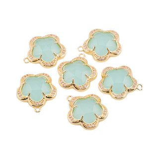 Componente Pendente Di Ottone Con Occhio Di Gatto Incastonati Fiore 5 Petali 16mm 6pz Con 1 Anellino Verde acqua