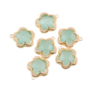 Componente Pendente Di Ottone Con Occhio Di Gatto Incastonati Fiore 5 Petali 16mm 6pz Con 1 Anellino Verde Chiaro