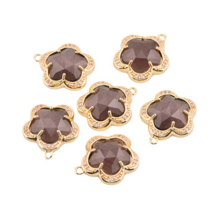Componente Pendente Di Ottone Con Occhio Di Gatto Incastonati Fiore 5 Petali 16mm 6pz Con 1 Anellino Vinaccia