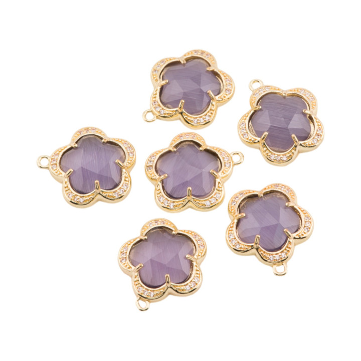 Componente Pendente Di Ottone Con Occhio Di Gatto Incastonati Fiore 5 Petali 14mm 8pz Con 1 Anellino Viola