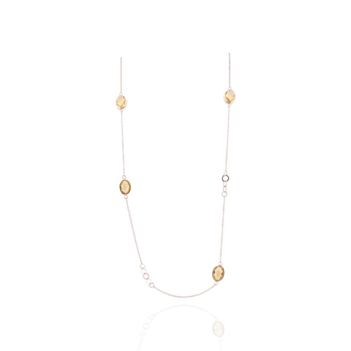 Collana Di Argento 925 105cm Con Topazio Giallo Termodiffuse 10x14mm Incastonate E Catena Rolo' Rodiato