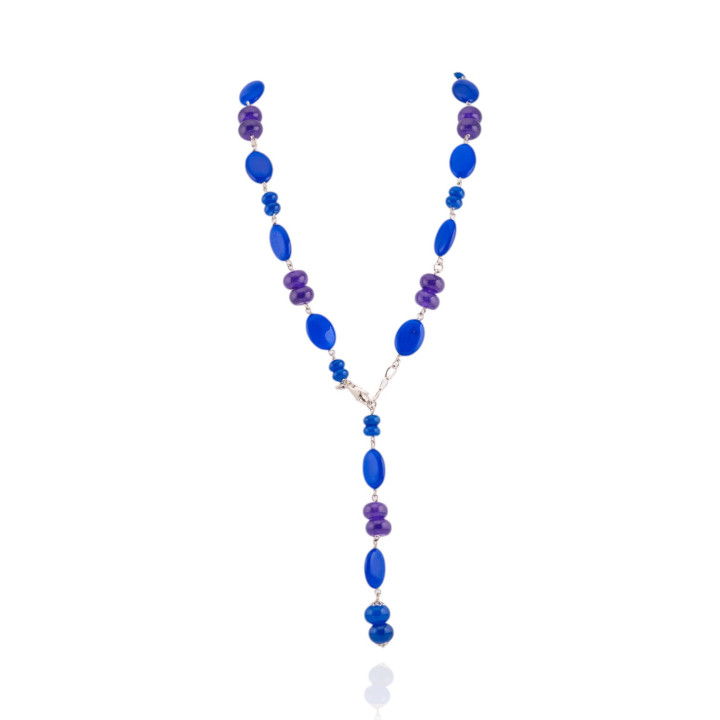 Collana Di Argento 925 Con Ametista Rondelle Lisce E Giada Zaffiro 46,5cm + 12cm
