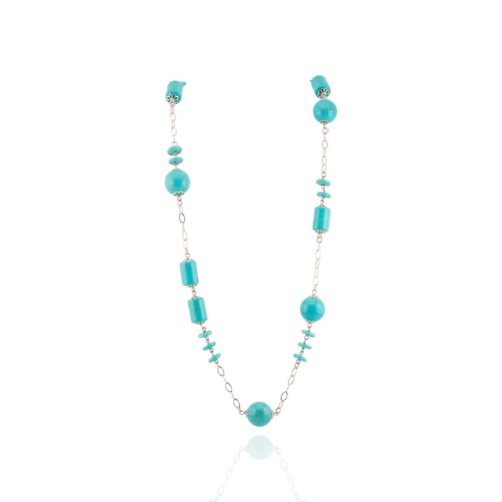 Collana Di Argento 925 Con Catena E Aulite Turchese Sfere E Fantasie Lisce 91cm + 5,5cm