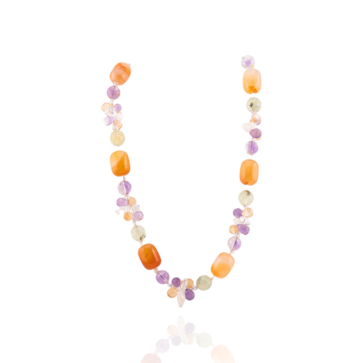 Collana Di Argento 925 Con Catena Ovale E Gocce Di Agata Bianca Sfaccettata 50+9cm