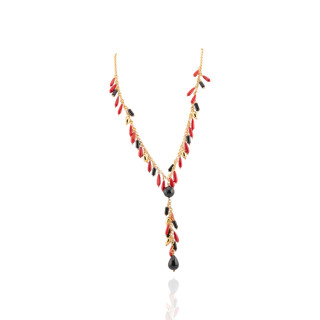 Collana Di Argento 925 Con Catena Placcato Oro Di Corallo Bamboo E Onice 42,5cm + 2,5cm Con Pendente 9cm