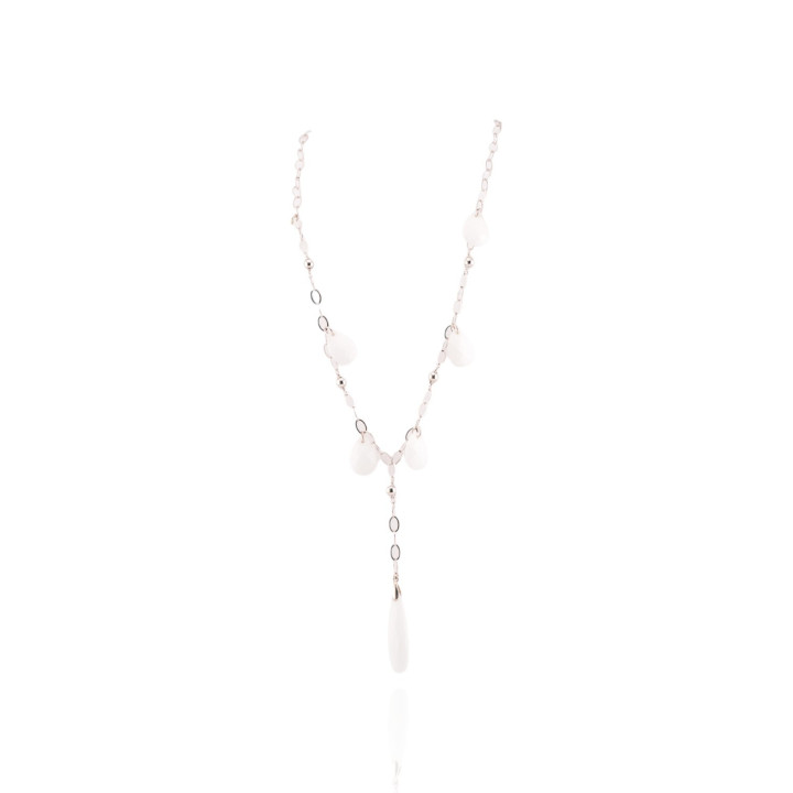 Collana Di Argento 925 Con Catena Tonda E Gocce Di Agata Bianca Sfaccettata 43+7cm