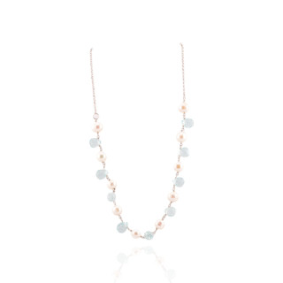 Collana Di Argento 925 Con Perle Di Fiume E Zirconi A Goccia Acquamarina Con Catena 42cm