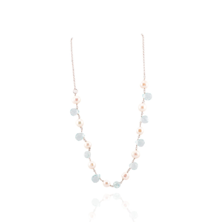 Collana Di Argento 925 Con Perle Di Fiume E Zirconi A Goccia Acquamarina Con Catena 42cm