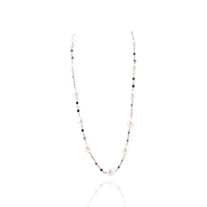 Collana Di Argento 925 Con Perle Di Maiorca Sasso Bianco E Zirconi Neri Incastonati 47cm + 1,5cm