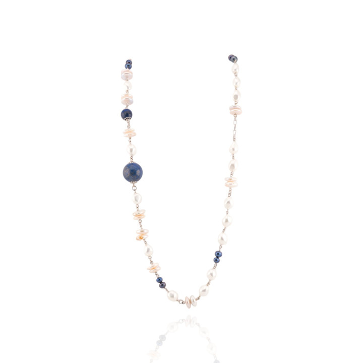 Collana Di Argento 925 Con Sfere Di Lapisllazzuli E Perle Bianche 92cm