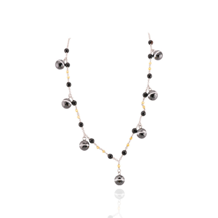 Collana Di Argento 925 Con Zirconi Neri Pendenti E Onice Sfaccettato Con Pendente Cuore 44,5cm