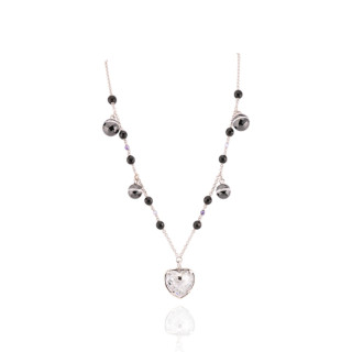 Collana Di Argento 925 Con Zirconi Neri Pendenti E Onice Sfaccettato Con Pendente Cuore 44,5cm